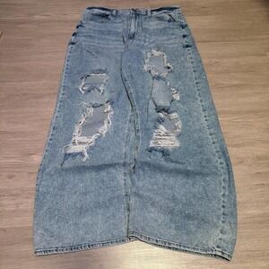 Baggy Wide Leg 2000s Ripped Blue Denim Jeans (33x30)